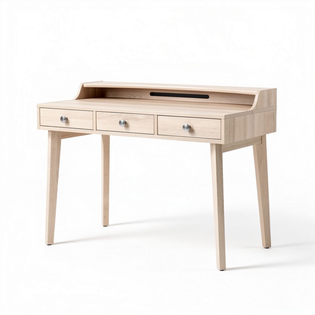 Bureau en bois clair avec trois tiroirs et passe-câbles 100 x 50 x 75cm