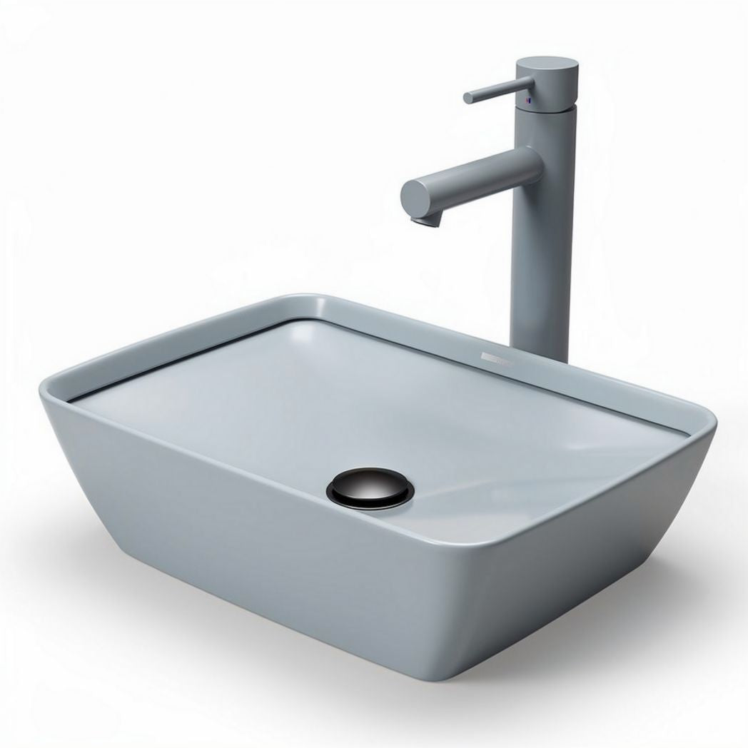 Lavabo carré en céramique grise 50 x 40 x 15cm avec robinet intégré